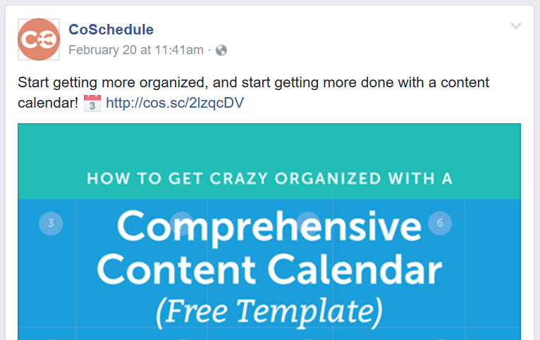 A CoSchedule Facebook post regarding a  content calendar