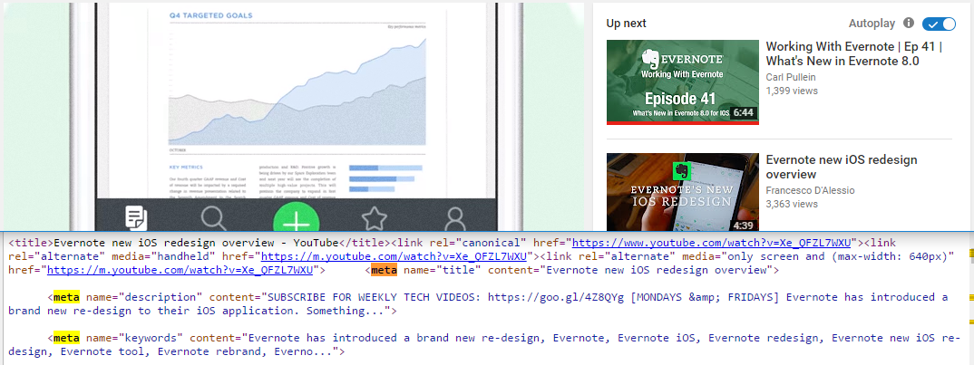 An Evernote commercial with its meta tags shown below